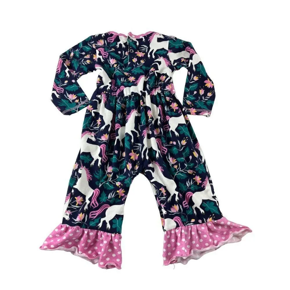 AnnLoren Sara Unicorn Polka Dot Flower One Piece Long Sleeve Romper 18-24 Months